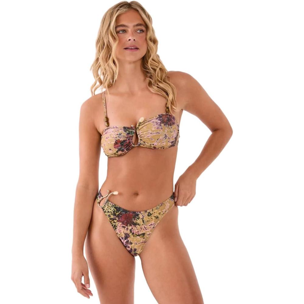 imageFloral Animal Print Abstract Ring Beaded Crop Bikini SetBrown