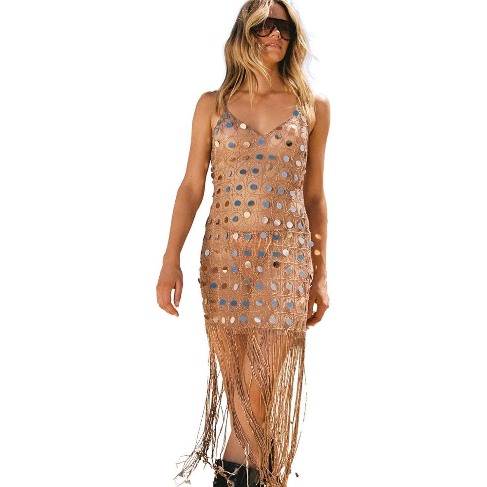 imageHand Embellished Disc Beaded Tassel Beach DressBronze