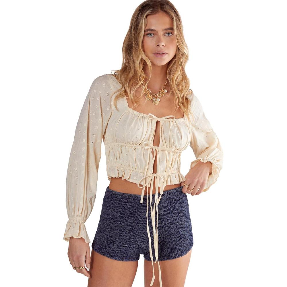 imageWomens Broderie Ruched Tie Front Balloon Sleeve TopEcru