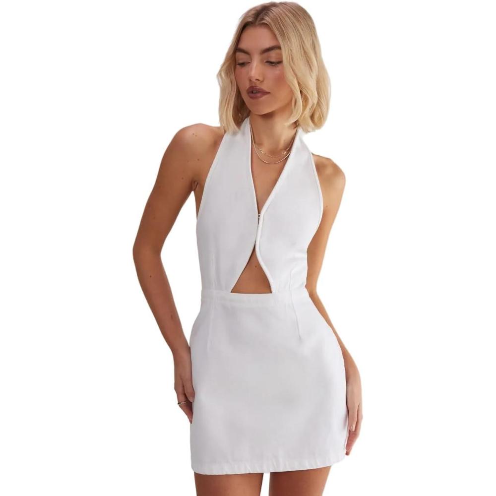 imageWomens Denim Halterneck Mini DressWhite