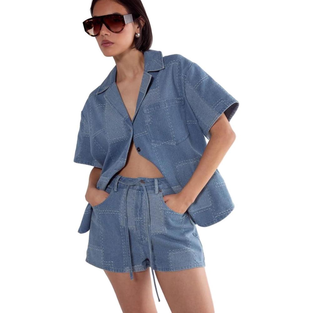 imageWomens Denim Patchwork Contrast Stitch Tie Waist ShortsMid Blue