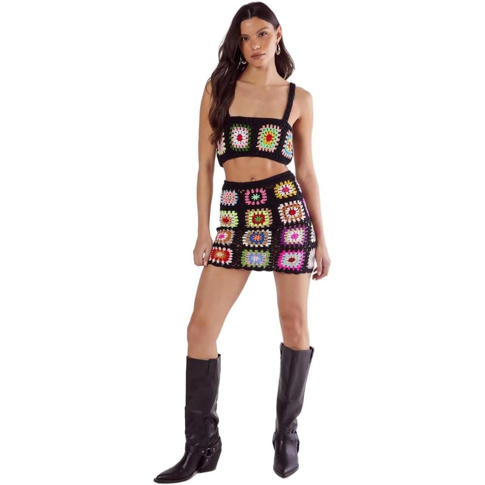imageWomens Floral Hand Crochet Knitted Mini SkirtBlack
