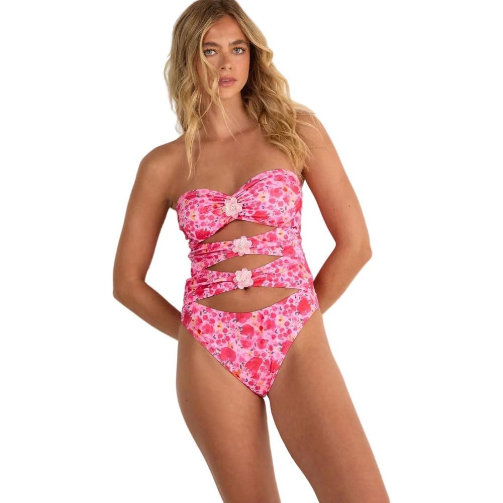 imageWomens Floral Trim Cut Out Bandeau SwimsuitPink