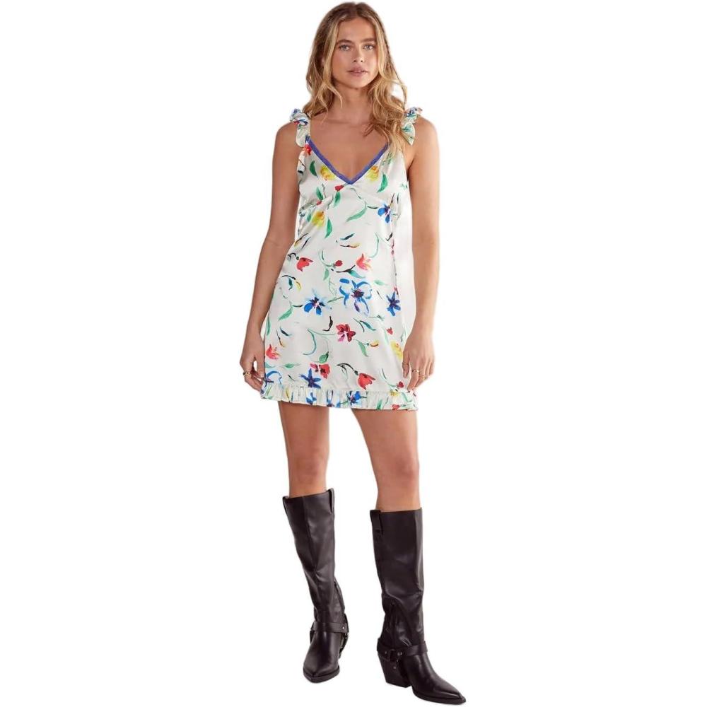 imageWomens Satin Floral Lace Trim Ruffle Mini DressEcru