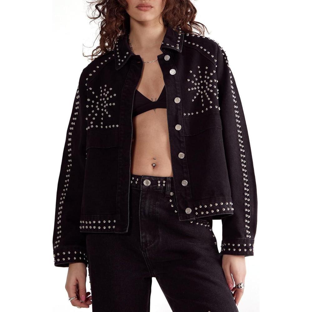imageWomens Western Studded Denim JacketBlack