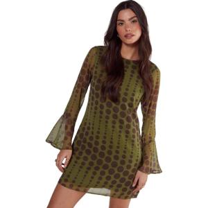Chiffon Polka Dot Fluted Sleeve Tunic Mini Dress(Olive)