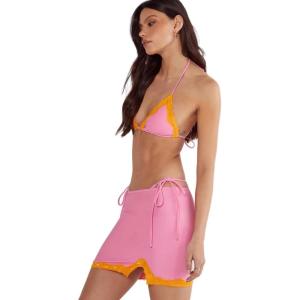 Contrast Lace Triangle Bikini and Skirt 3pc Set(Pink)
