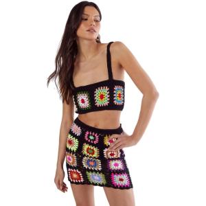 Floral Hand Crochet Knitted Crop Top(Black)
