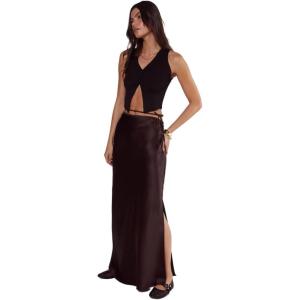 Satin Cut Out Tie Waist Bias Maxi Skirt(Chocolate)