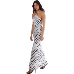 Satin Polka Dot Halter Neck Cowl Back Maxi Dress(Mono)