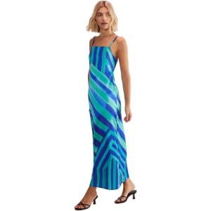 Satin Stripe Tie Back Maxi Slip Dress(Blue)
