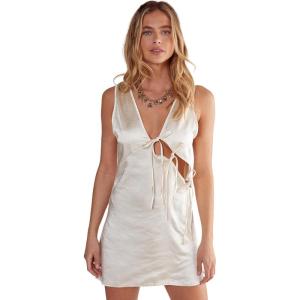 Textured Satin Asymmetric Tie Plunge Mini Dress(Champagne)