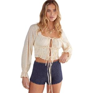 Womens Broderie Ruched Tie Front Balloon Sleeve Top(Ecru)