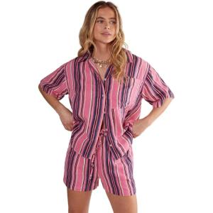 Womens Cotton Gauze Stripe Resort Shirt(Pink)