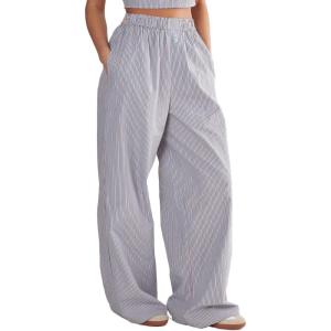 Women’s Cotton Stripe Boxer Tab Wide Leg Pants(Blue)