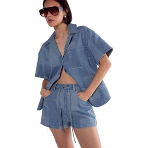 Women’s Denim Patchwork Contrast Stitch Tie Waist Shorts(Mid Blue)