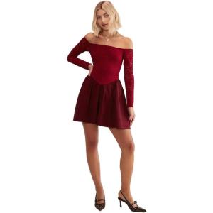 Women’s Lace Long Sleeved Tulle Hem Mini Dress(Wine)