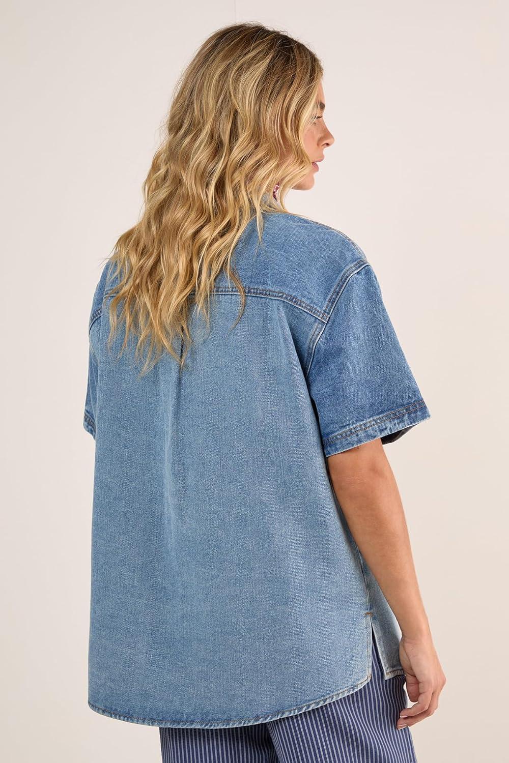 imageNasty Gal Womens Denim Short Sleeve Oversized ShirtVintage Wash