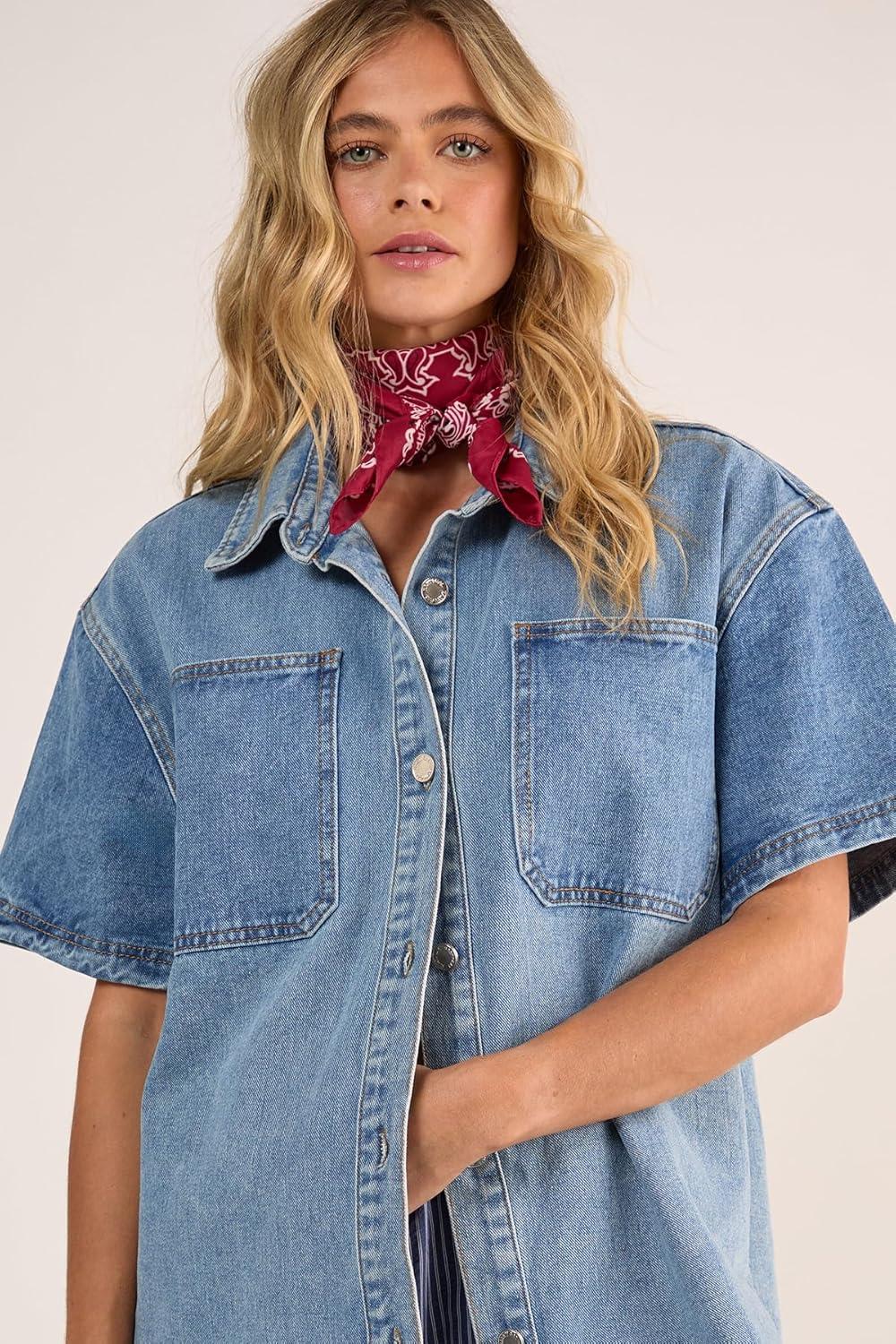 imageNasty Gal Womens Denim Short Sleeve Oversized ShirtVintage Wash