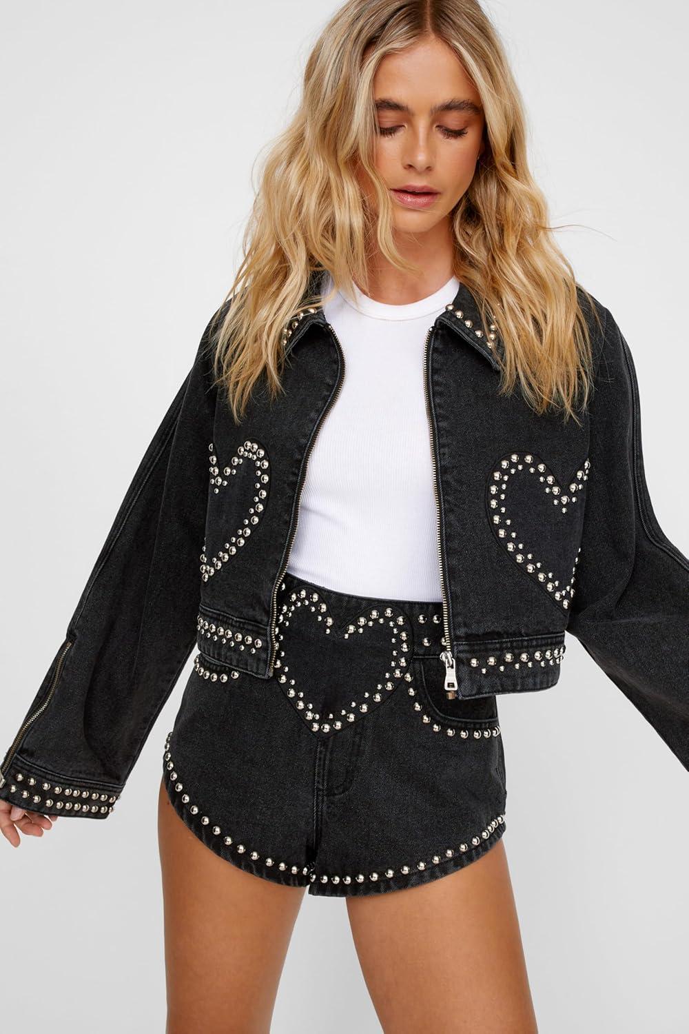 imageNasty Gal womens Denim Heart Studded Cropped Denim JacketWashed Black
