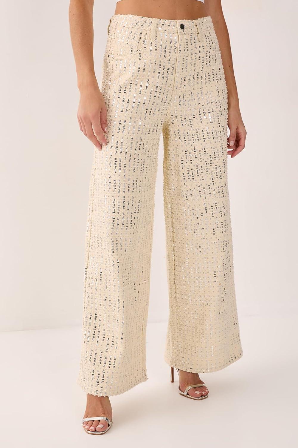 imageNasty Gal womens Denim Sequin Wide Leg JeansEcru