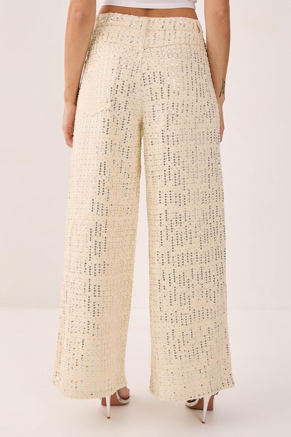 imageNasty Gal womens Denim Sequin Wide Leg JeansEcru