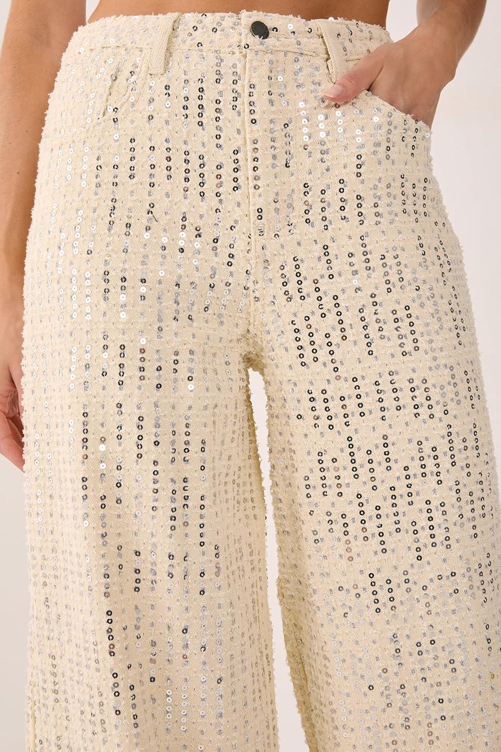 imageNasty Gal womens Denim Sequin Wide Leg JeansEcru