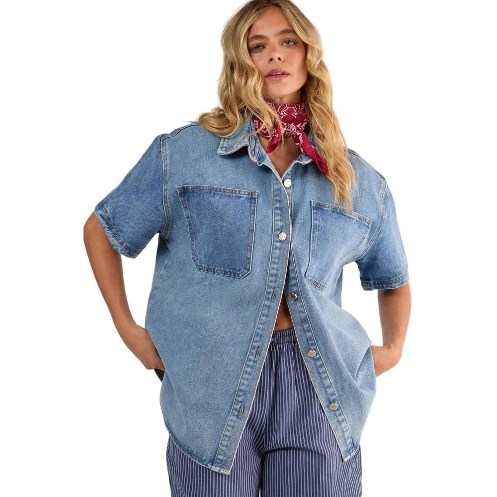 imageNasty Gal Womens Denim Short Sleeve Oversized ShirtVintage Wash