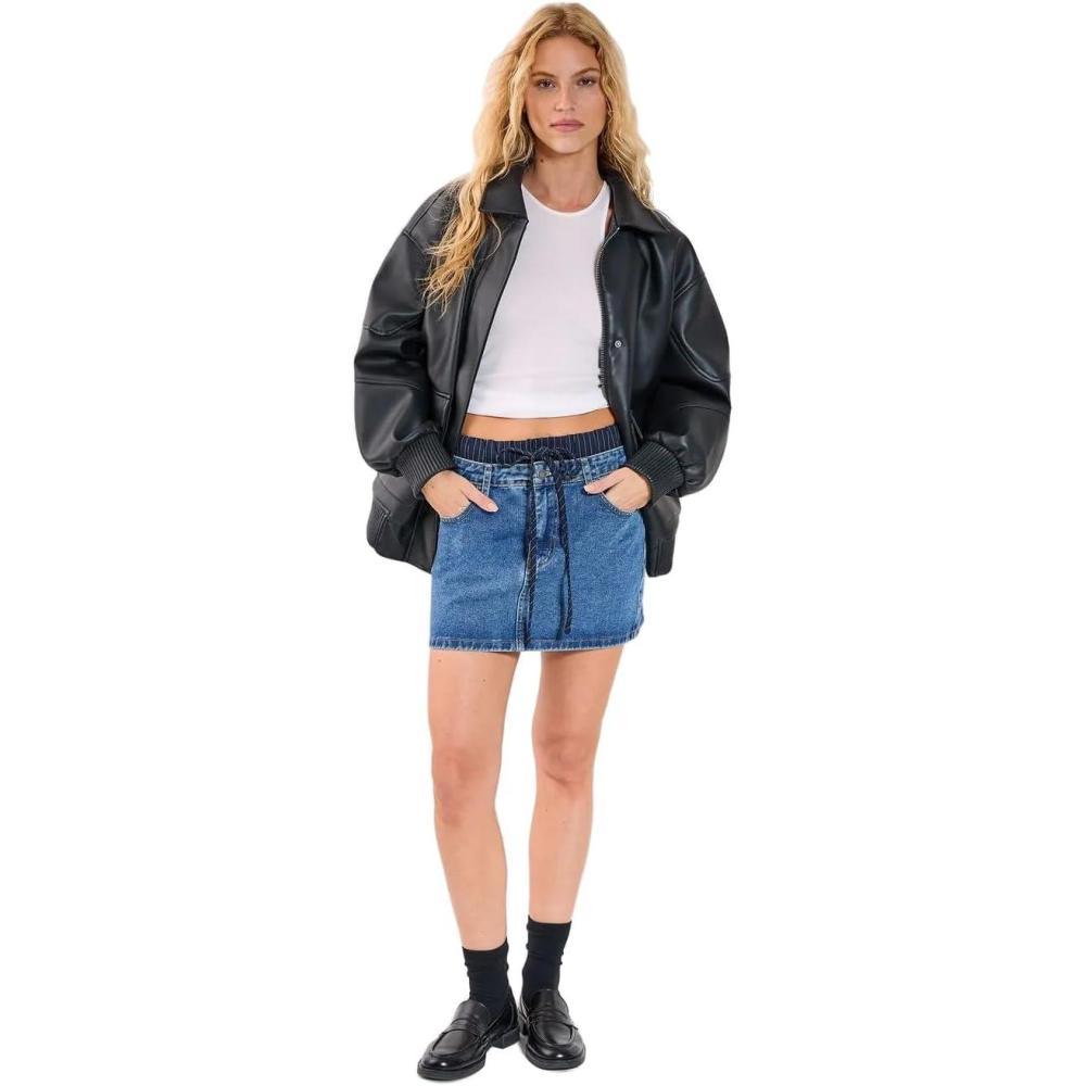 imageNasty Gal Womens Denim Stripe Boxer Waistband Mini SkirtAuthentic Midwash