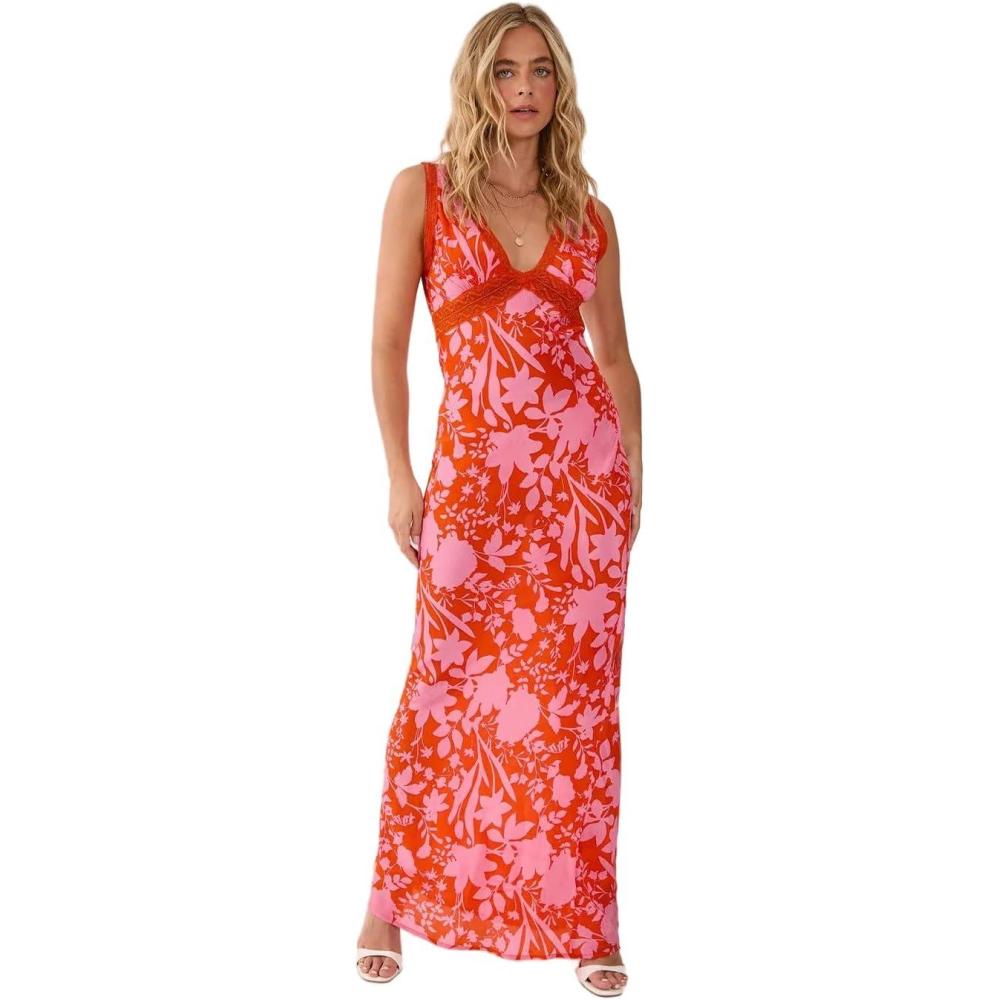 imageNasty Gal Womens Floral Lace Insert Plunge Maxi DressRed