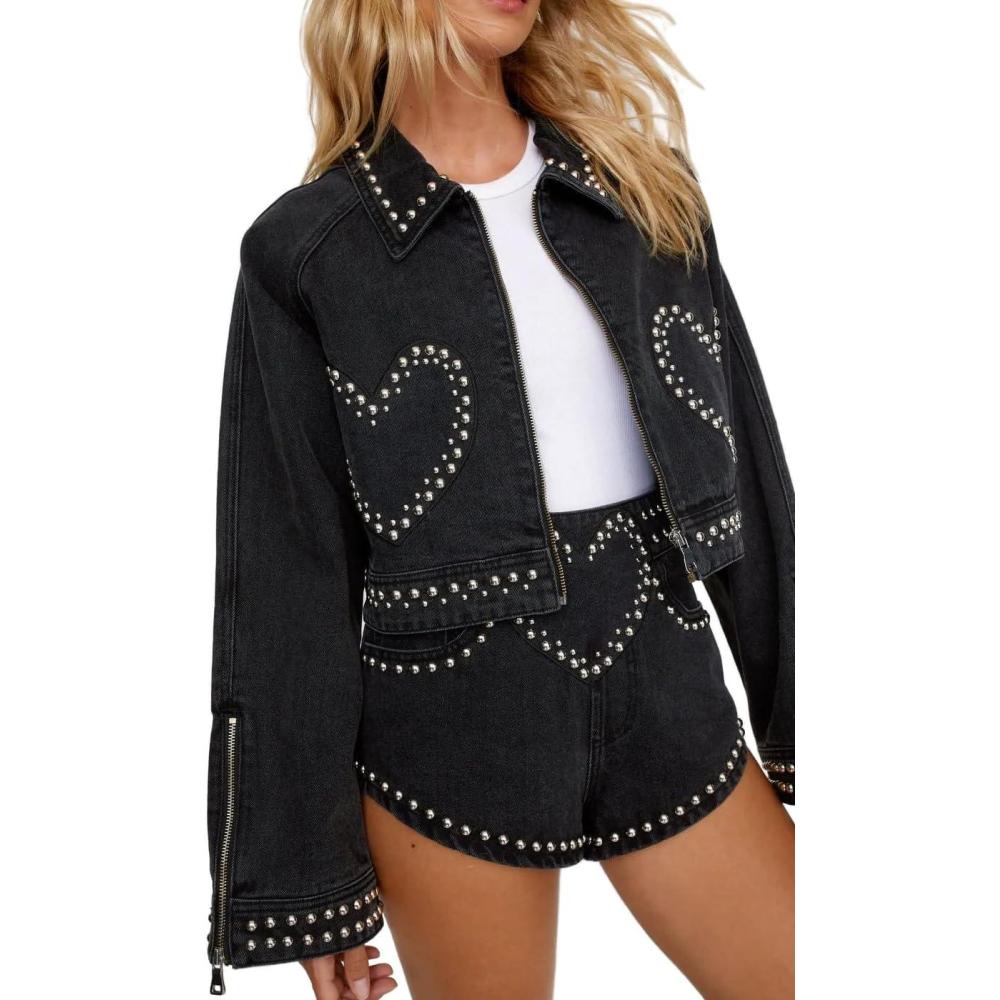 imageNasty Gal womens Denim Heart Studded Cropped Denim JacketWashed Black