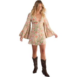 Nasty Gal Women’s Vintage Floral Button Through Extreme Flared Sleeve Mini Dress(Green)