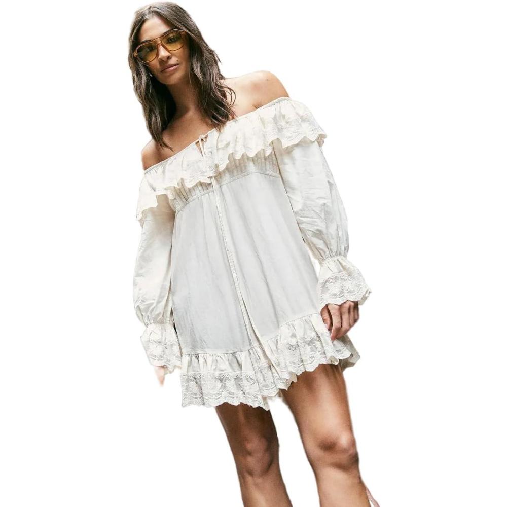 imageNasty Gal Cotton Embroidered lace Ruffle Bardot Tie Front Mini Dress