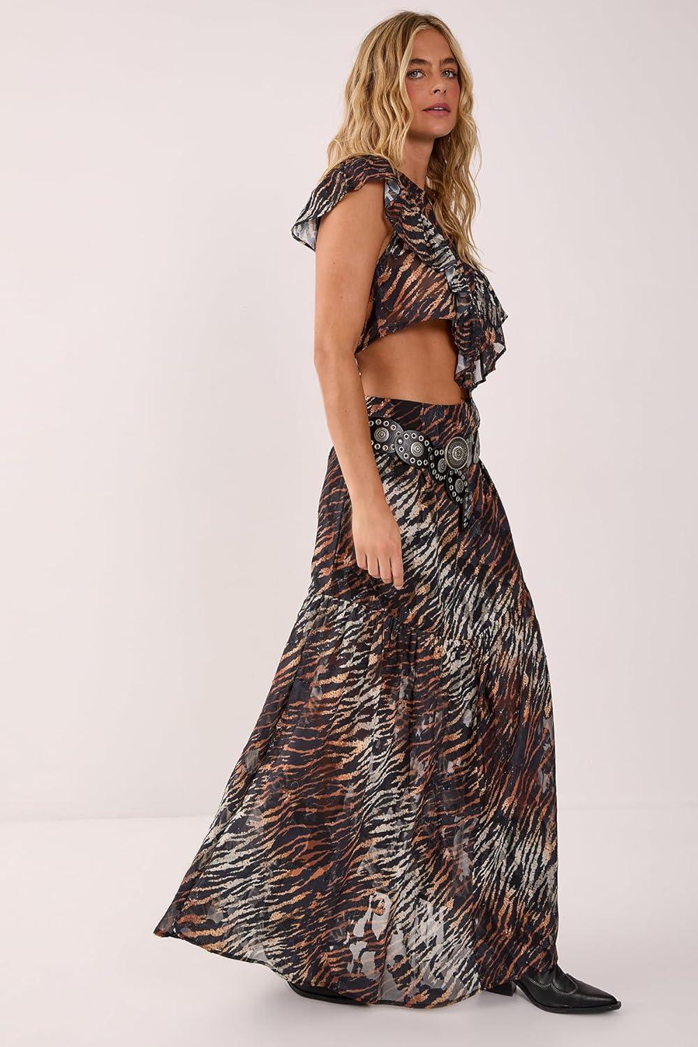 image:imageNasty Gal Animal Burnout Tiered Maxi SkirtBlack