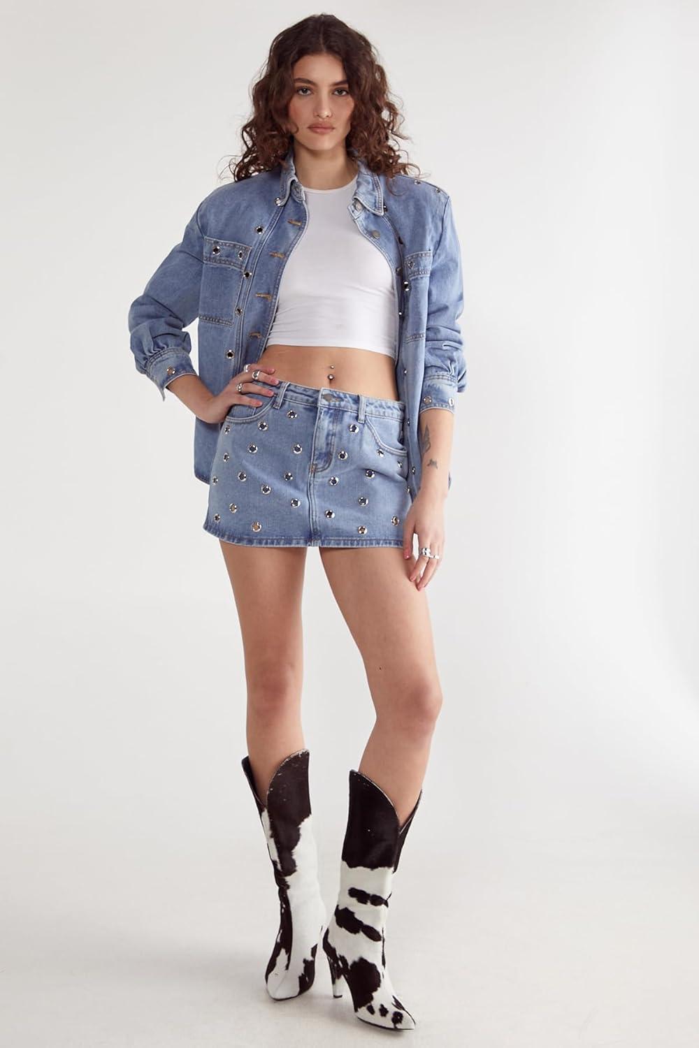 image:imageNasty Gal Eyelet Detail Denim SkirtLight Wash