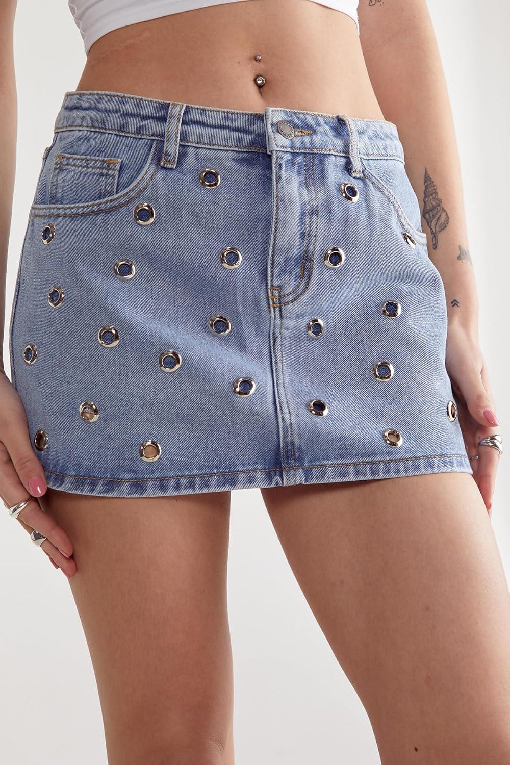 image:imageNasty Gal Eyelet Detail Denim SkirtLight Wash