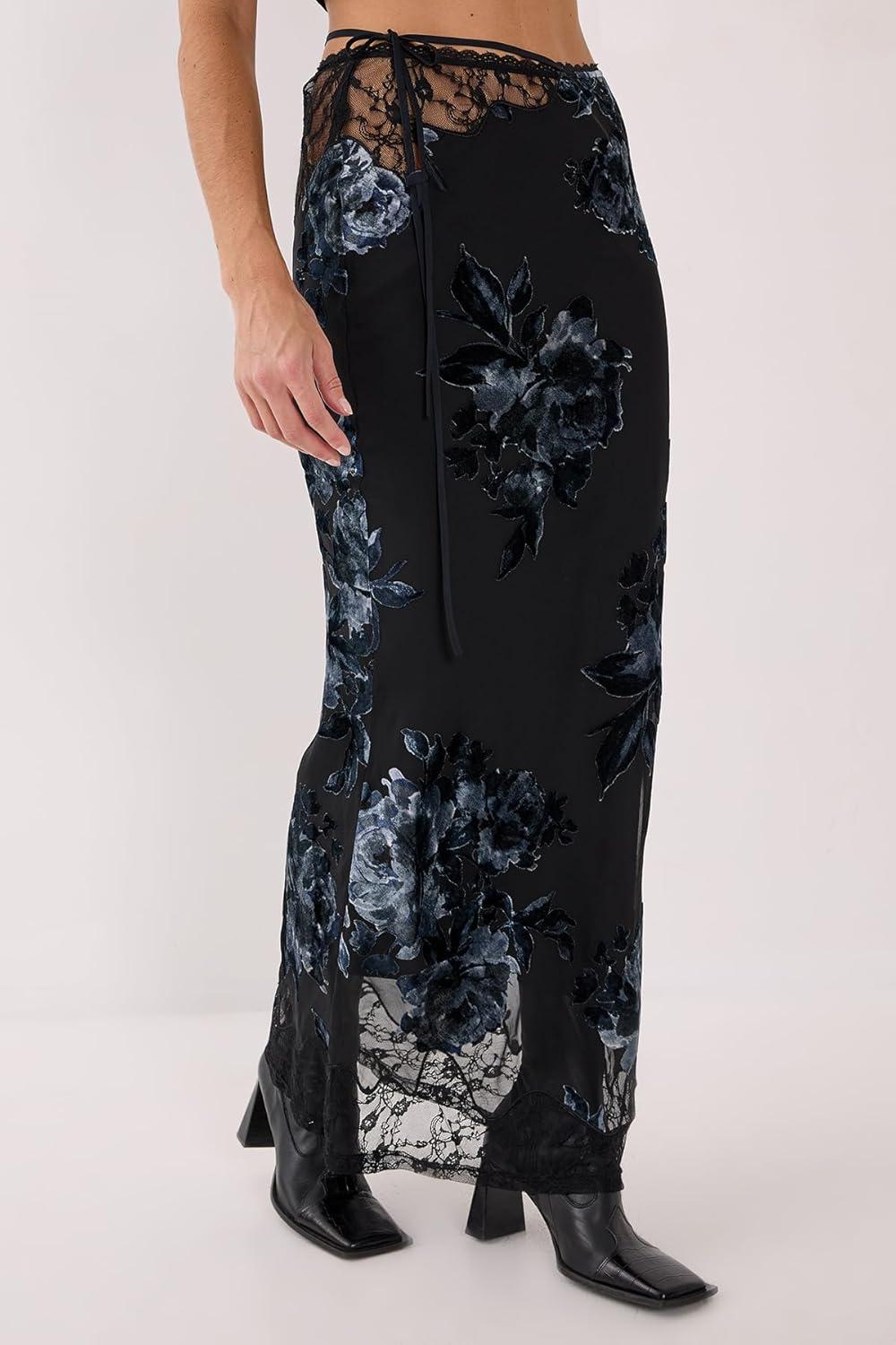 image:imageNasty Gal Floral Devore Lace Cut Out Tie Waist Maxi Skirt