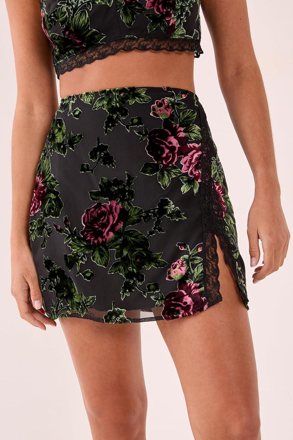 image:imageNasty Gal Floral Devore Lace Trim Split Mini SkirtGreen