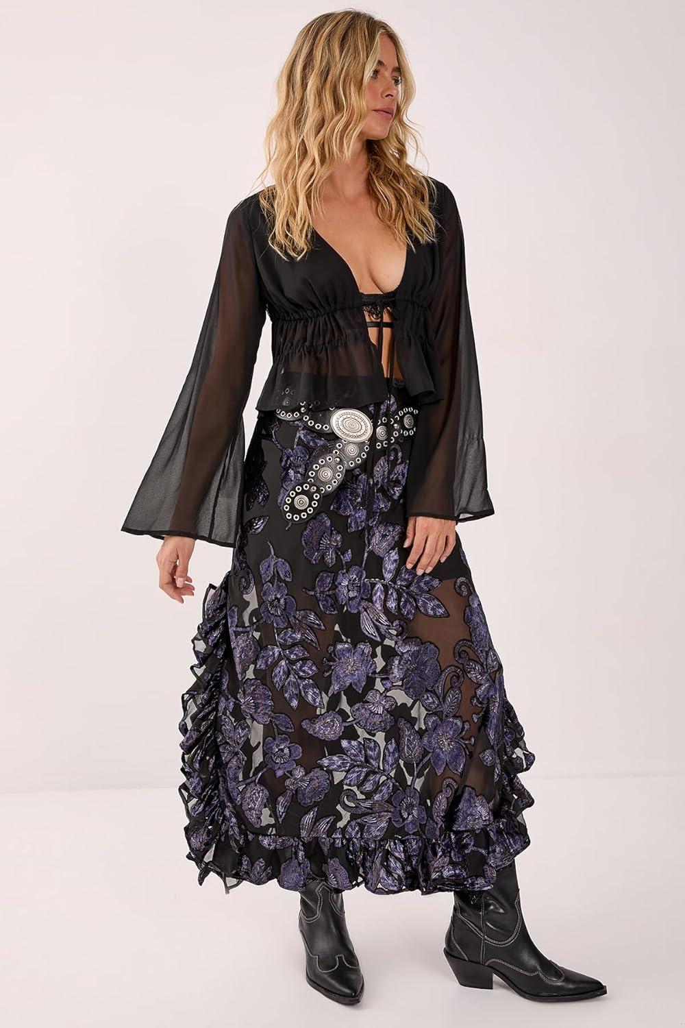 image:imageNasty Gal Floral Devore Ruffle Maxi Skirt