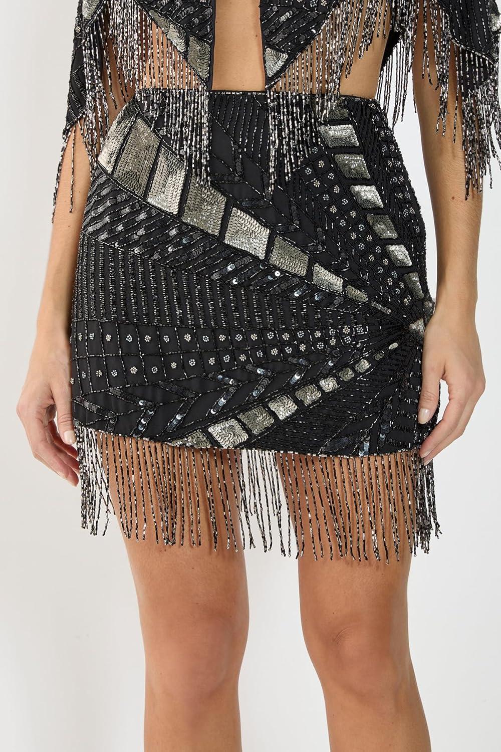 image:imageNasty Gal Hand Embellished Panelled Tassel Mini SkirtBlack
