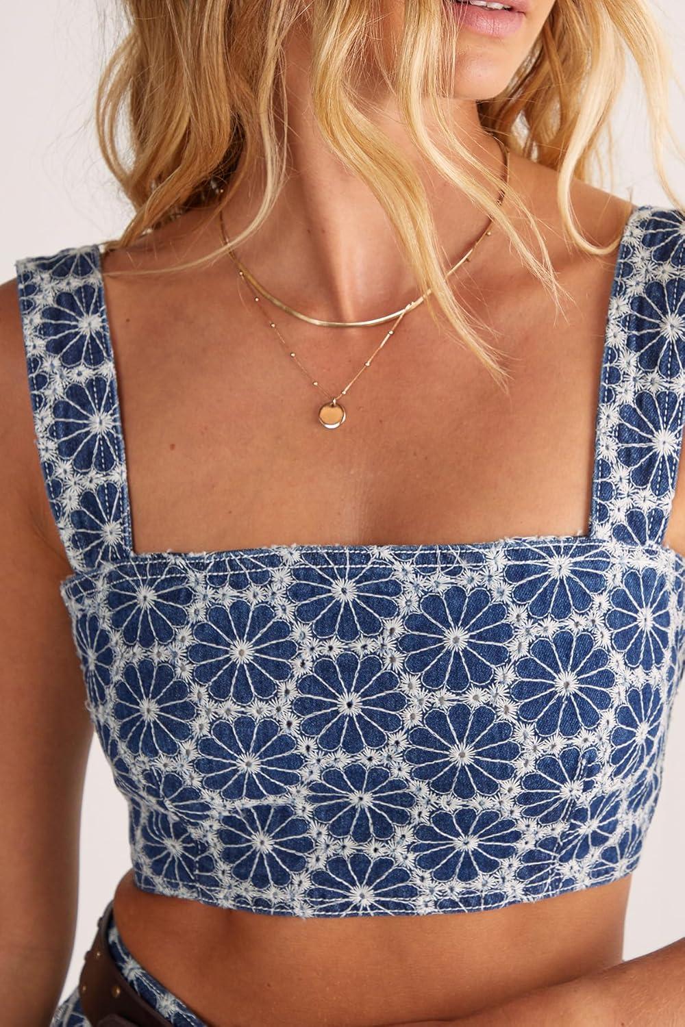 image:imageNasty Gal Womens Denim Floral Embroidered Strappy Crop TopDark Wash