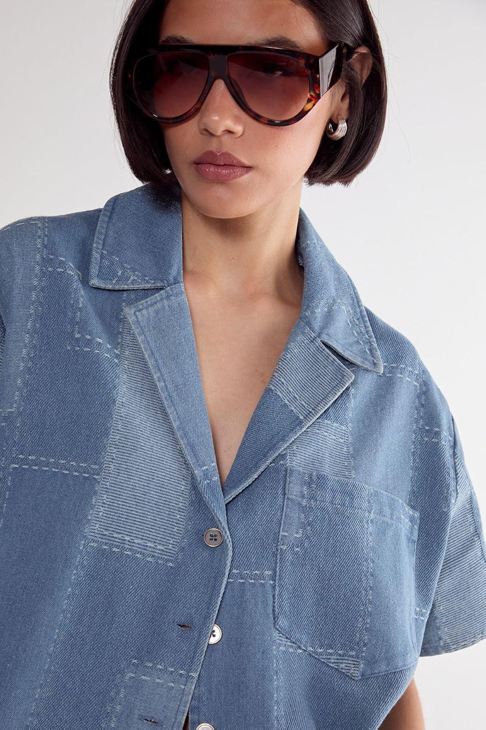 image:imageNasty Gal Womens Denim Patchwork Contrast Stitch Resort ShirtMid Blue