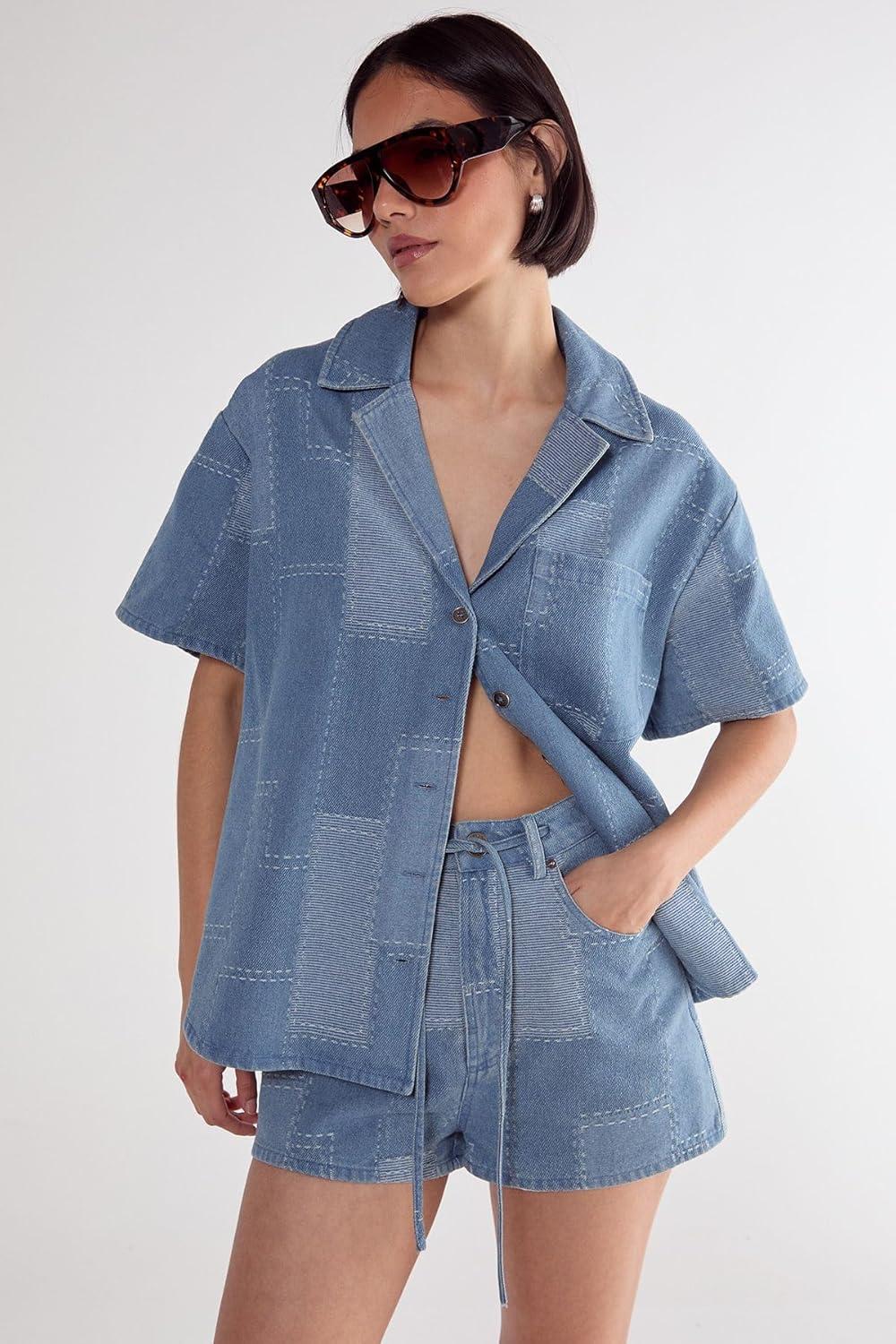 image:imageNasty Gal Womens Denim Patchwork Contrast Stitch Resort ShirtMid Blue