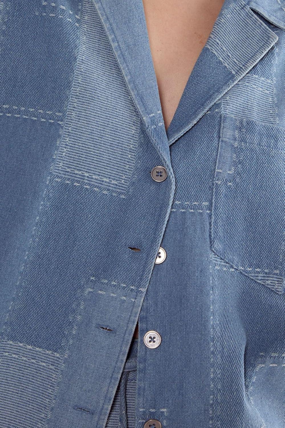 image:imageNasty Gal Womens Denim Patchwork Contrast Stitch Resort ShirtMid Blue