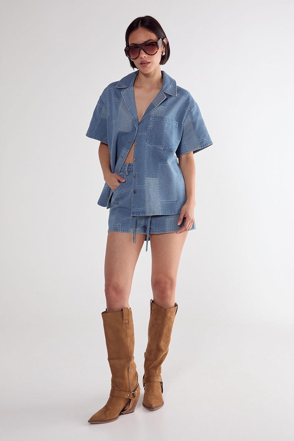 image:imageNasty Gal Womens Denim Patchwork Contrast Stitch Resort ShirtMid Blue