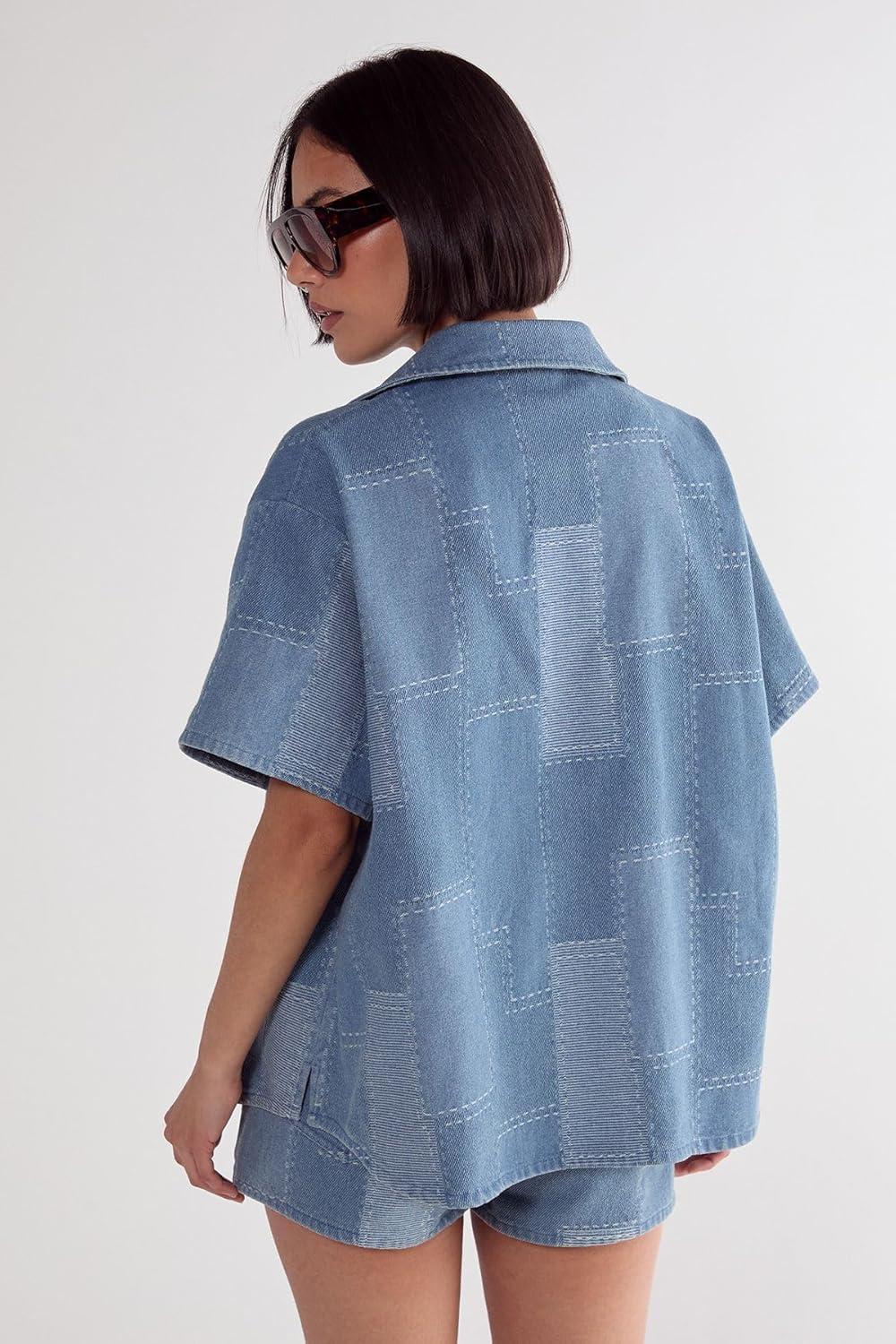 image:imageNasty Gal Womens Denim Patchwork Contrast Stitch Resort ShirtMid Blue