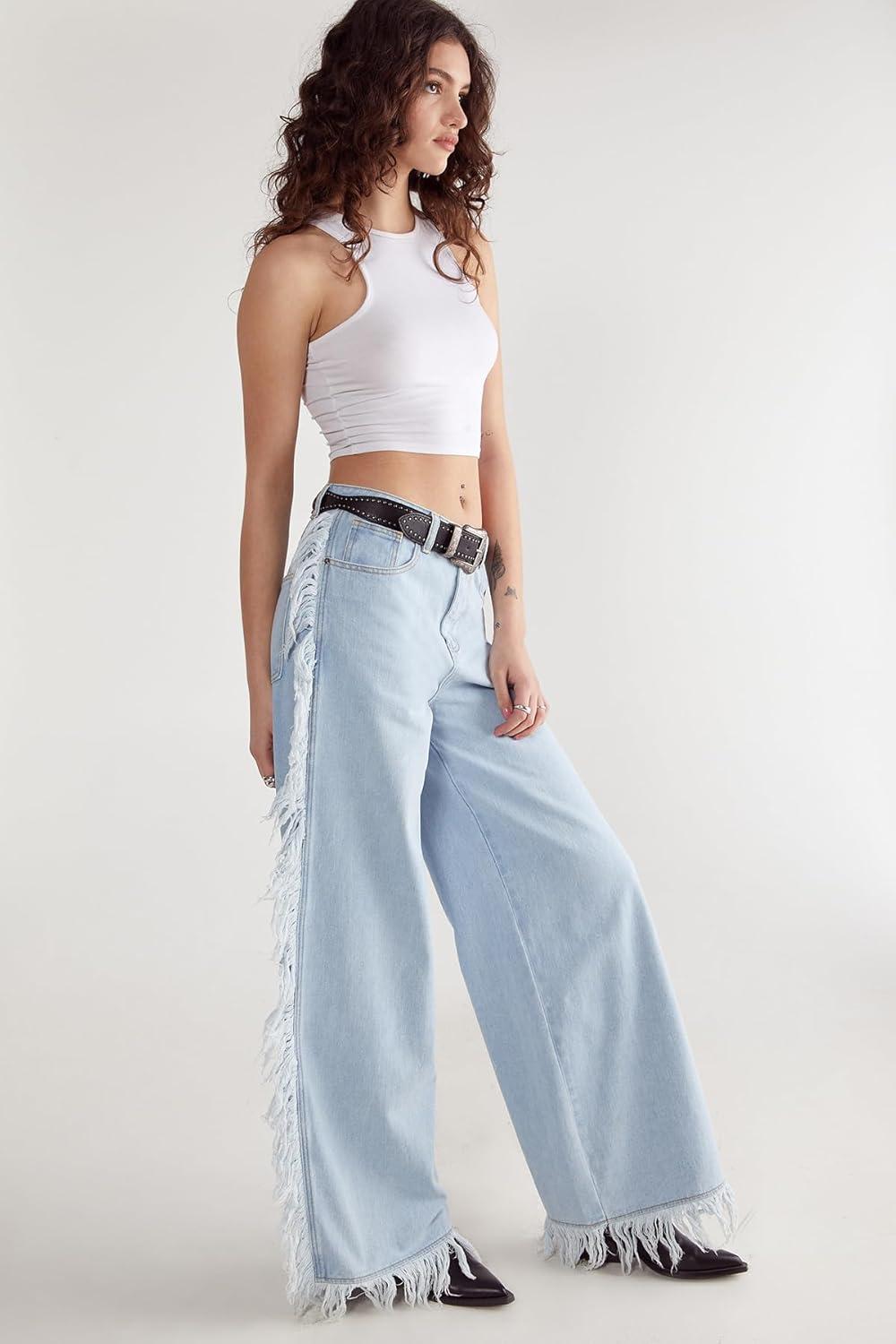 image:imageNasty Gal Womens Frayed Edge Denim JeanLight Wash
