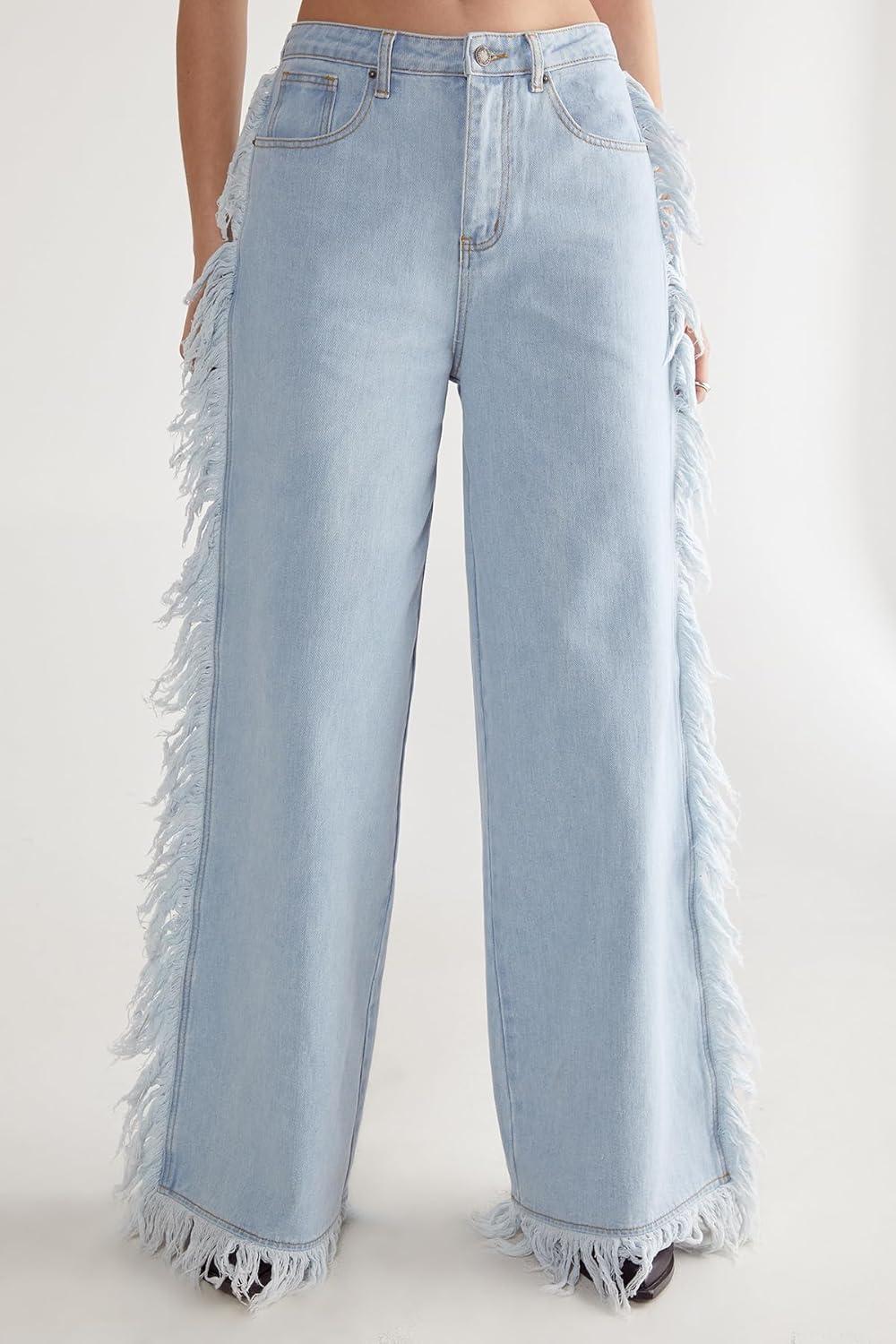image:imageNasty Gal Womens Frayed Edge Denim JeanLight Wash