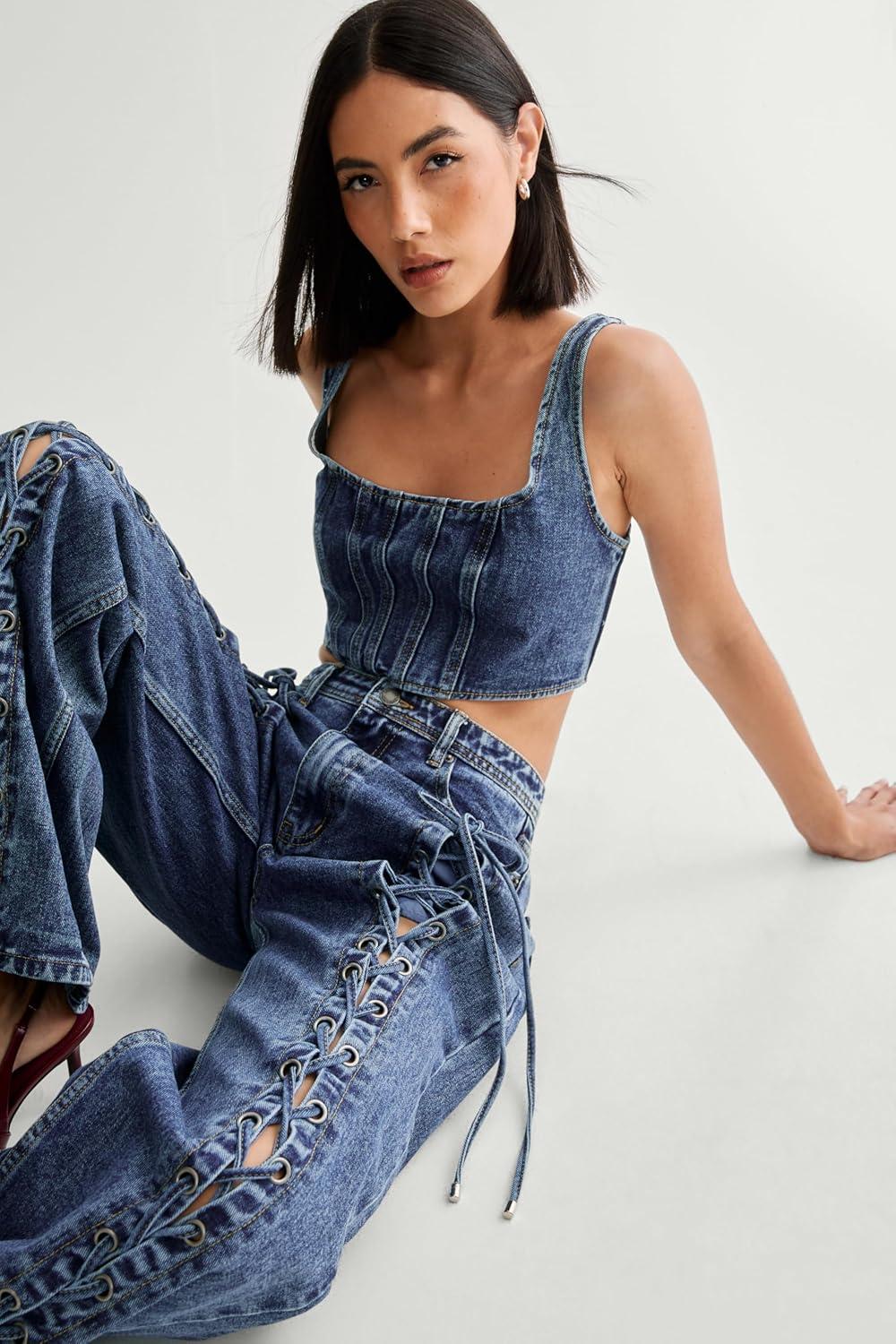 image:imageNasty Gal Womens Lace Front Detail JeanAuthentic Midwash