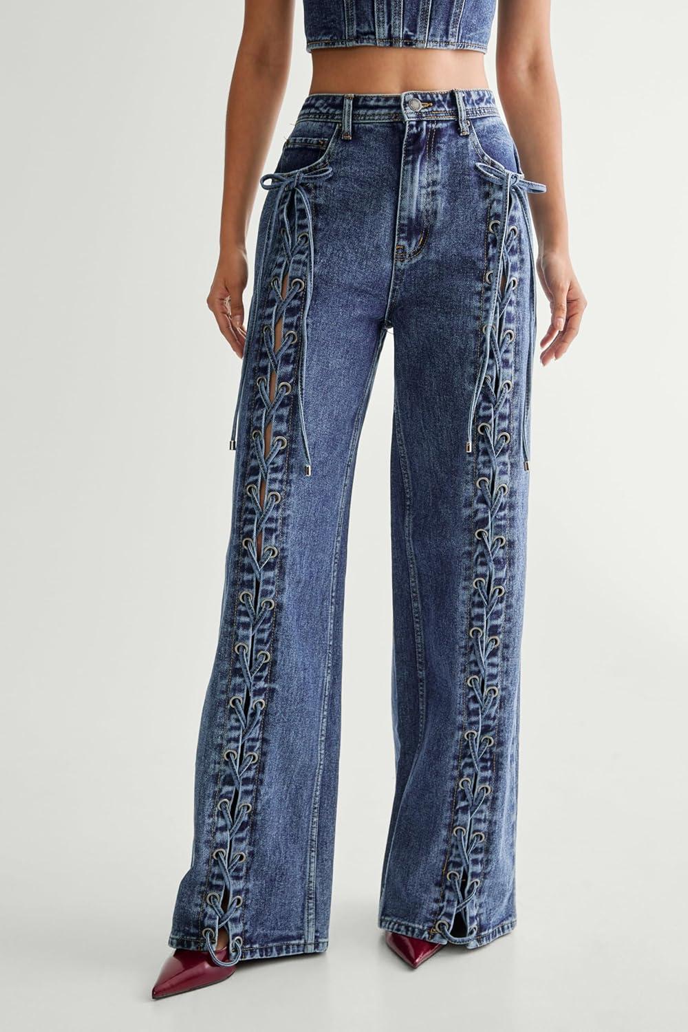 image:imageNasty Gal Womens Lace Front Detail JeanAuthentic Midwash